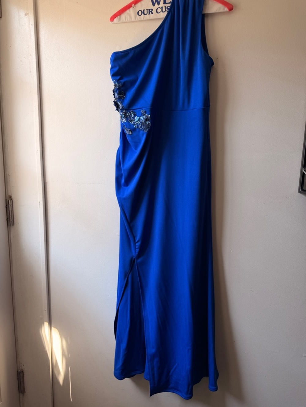 One-Shoulder Royal Blue Evening Dress with Embellished Waist